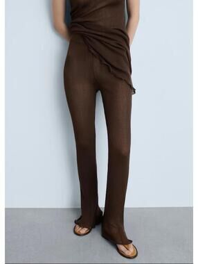 Mango Outlet Brown Ribbed Knit Flared Pants with Ruffled Hem - Size Small